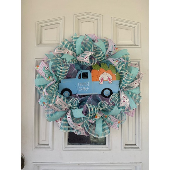 Pink Blue Truck Easter Bunny Ribbon Spring Wreath Front Door Hanger Decor - Picture 1 of 7